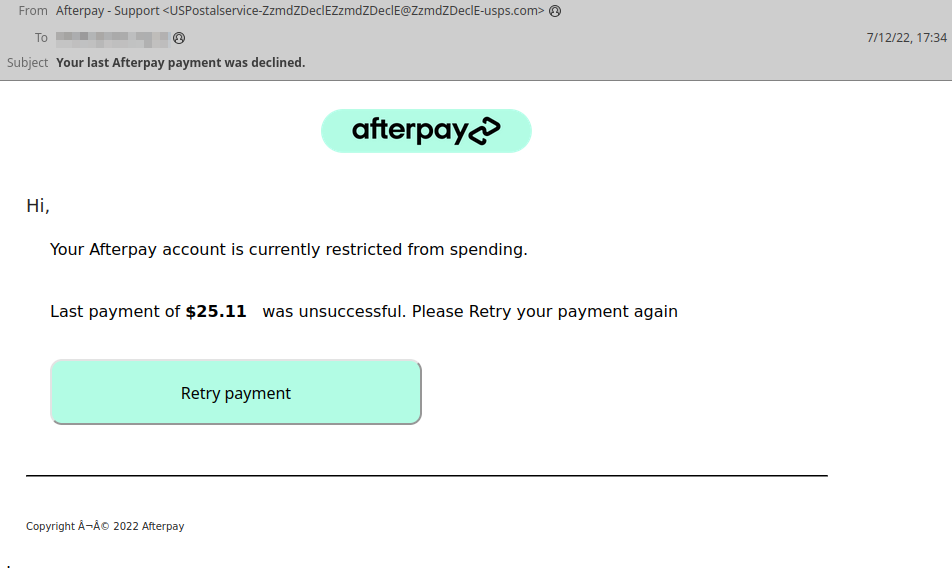 Specimen of the Afterpay scam emails: account limited, someone else's phone, as documented in the original guide