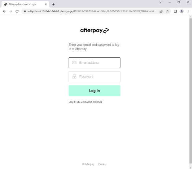 Afterpay credential phishing site whose URL is a huge giveaway Afterpay credential phishing site whose URL is a huge giveaway