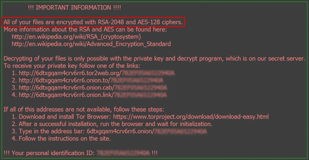 'All of your files are encrypted with RSA-2048 and AES-128 ciphers' warning message 'All of your files are encrypted with RSA-2048 and AES-128 ciphers' warning message