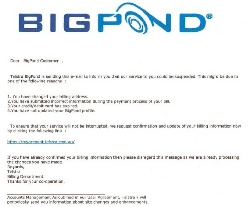 Specimen of the Telstra / BigPond bill, refund and suspension emails, as documented in the original guide