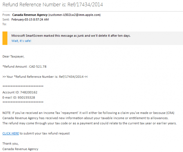Canada Revenue Agency phishing email example Canada Revenue Agency phishing email example