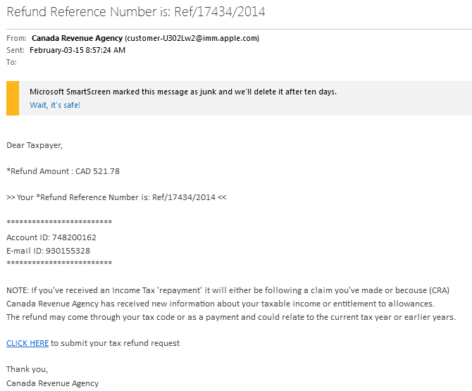 Specimen of the Canada Revenue Agency refund and e-Transfer scams, as documented in the original guide