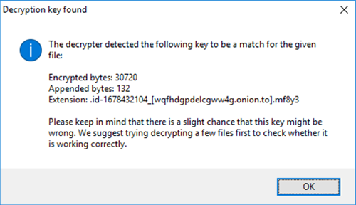 ‘Decryption key found’ message. Image courtesy of Emsisoft ‘Decryption key found’ message. Image courtesy of Emsisoft