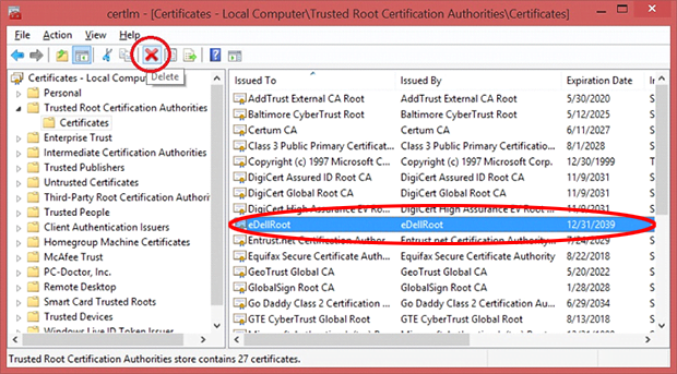 Delete eDellRoot certificate