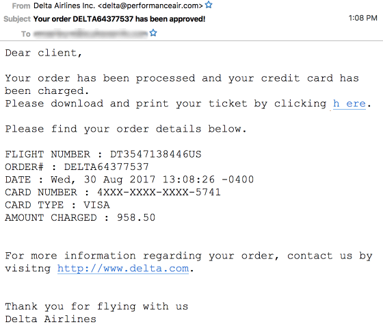 Delta email scam via delta@performanceair.com Delta email scam via delta@performanceair.com