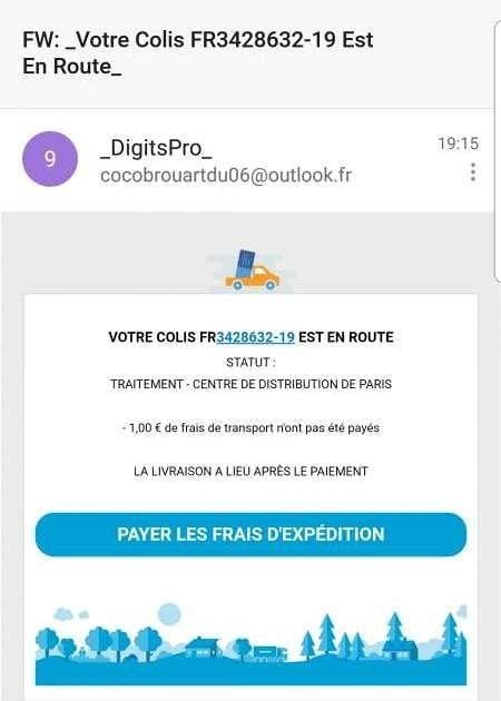 Specimen of the DigitsPro "shipping costs have not been paid" emails, as documented in the original guide