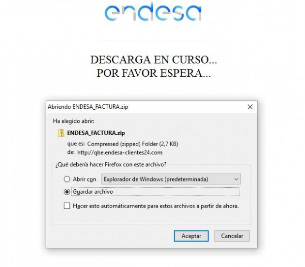 Endesa_Factura.zip attached to the phishing email Endesa_Factura.zip attached to the phishing email