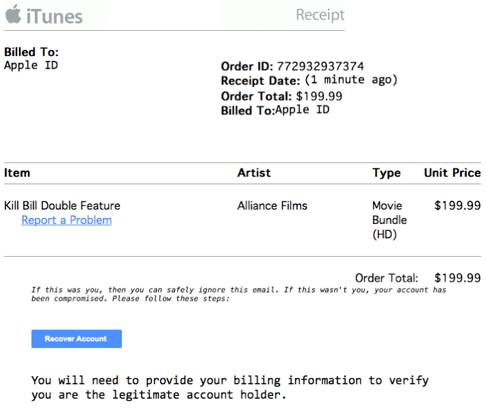 Specimen of the Fake iTunes Store receipt, as documented in the original guide