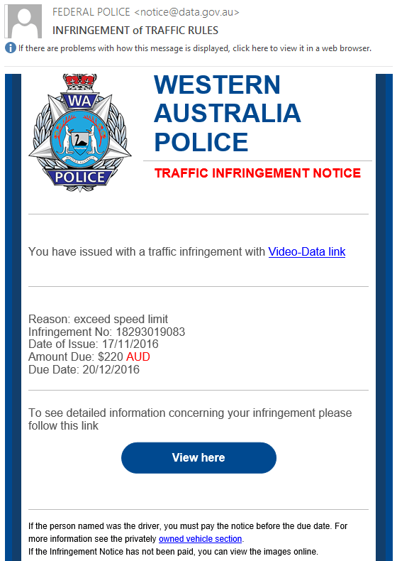 Specimen of the Traffic infringement notice emails, as documented in the original guide