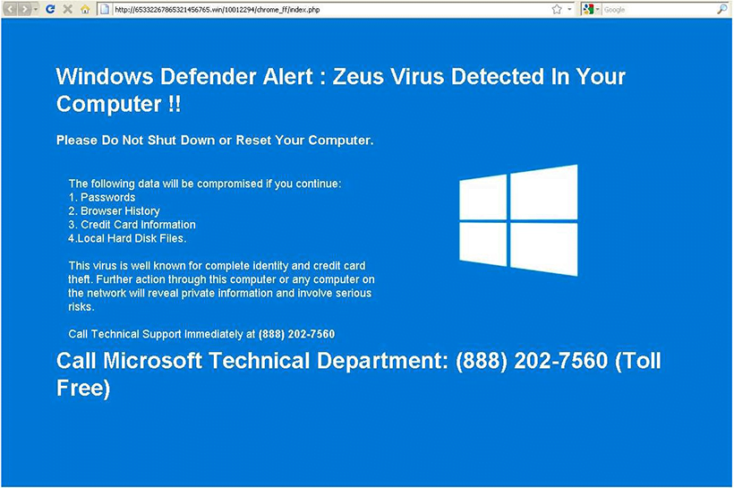 Specimen of the "Zeus Virus Detected" Windows Defender alert page, as documented in the original guide