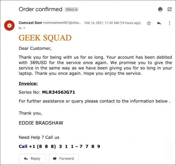 Specimen of the Geek Squad renewal invoice scam, as documented in the original guide