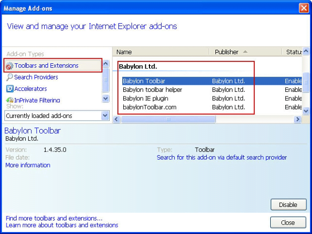 Disable extensions in IE