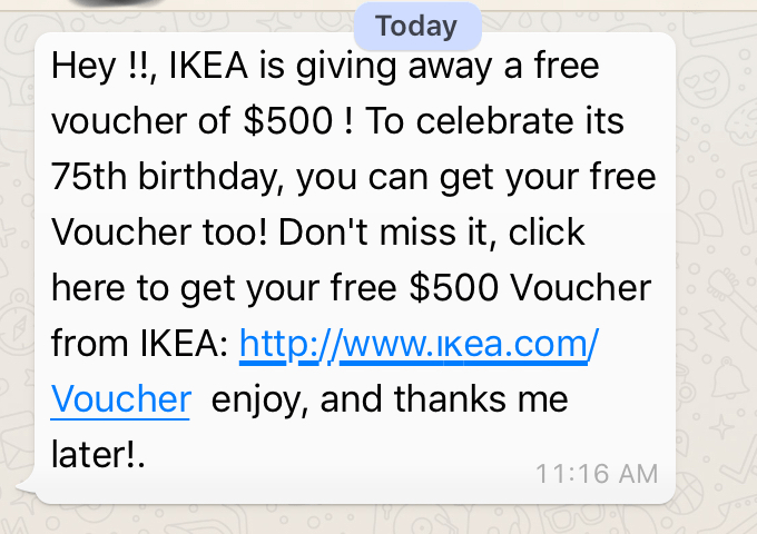 Specimen of the IKEA "75th birthday" voucher message, as documented in the original guide