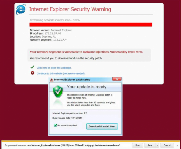 Fake IE security warning that recommends Internet_ExplorerPatch.hta setup
