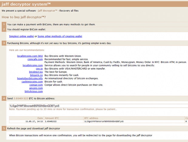 Jaff Decryptor System page specifying data decryption method via ransom payment Jaff Decryptor System page specifying data decryption method via ransom payment