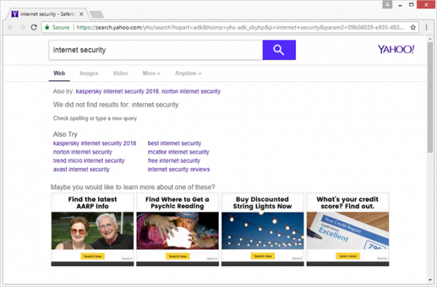 Landing page linked to the search.yahoo.com infection