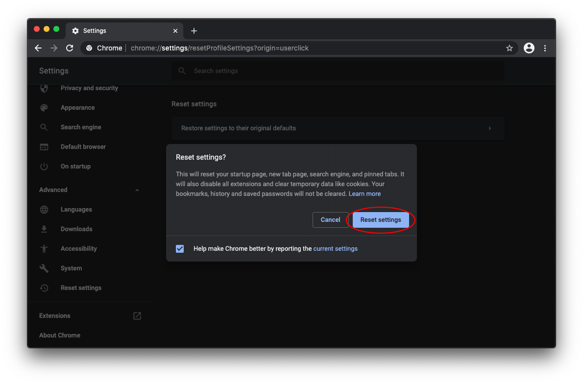 Reset Chrome Settings on Mac
