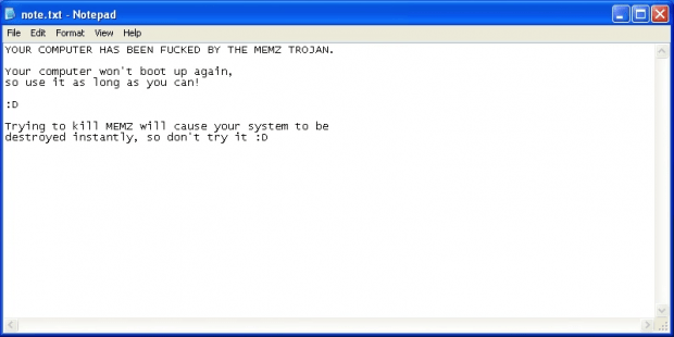 Notepad warning displayed by Memz trojan on an early stage of the attack