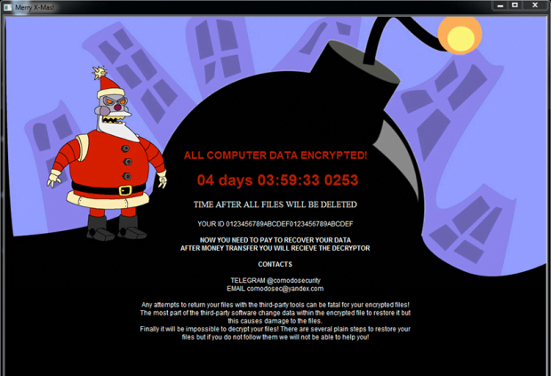 The ransomware launches Merry_I_love_you_bruce.hta app to provide instructions
