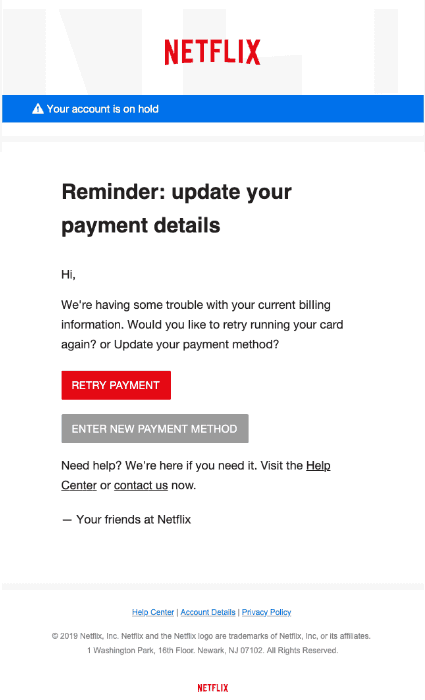 Specimen of the Netflix "payment failed / account suspended" phishing, as documented in the original guide