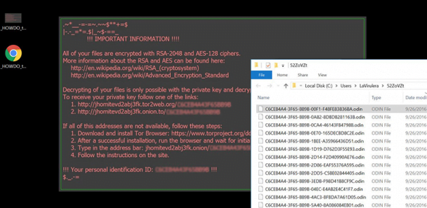 Folder with encrypted .odin files and Locky ransom instructions on desktop background