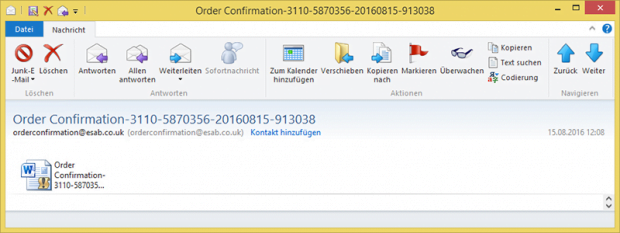 Phishing email from orderconfirmation@esab.co.uk distributing Locky ransomware