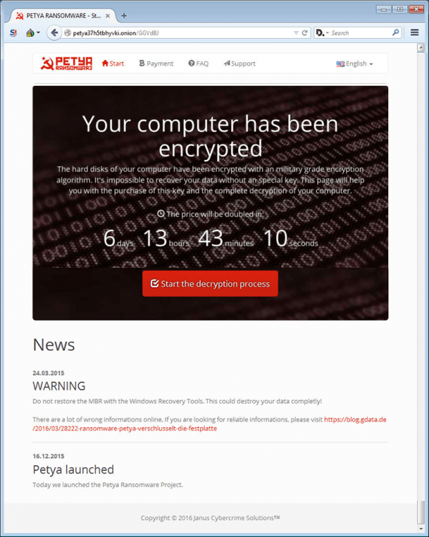 Tor site hosting the Petya decryption service Tor site hosting the Petya decryption service