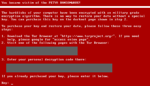 Lock screen displayed by Petya ransomware Lock screen displayed by Petya ransomware