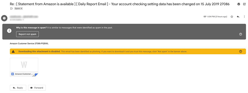 Specimen of the Amazon "account-alert" phishing emails, as documented in the original guide