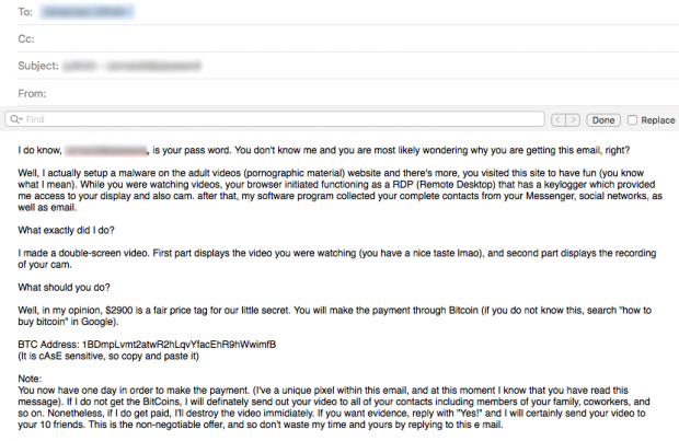 Porn blackmail email scam with a few small wording tweaks