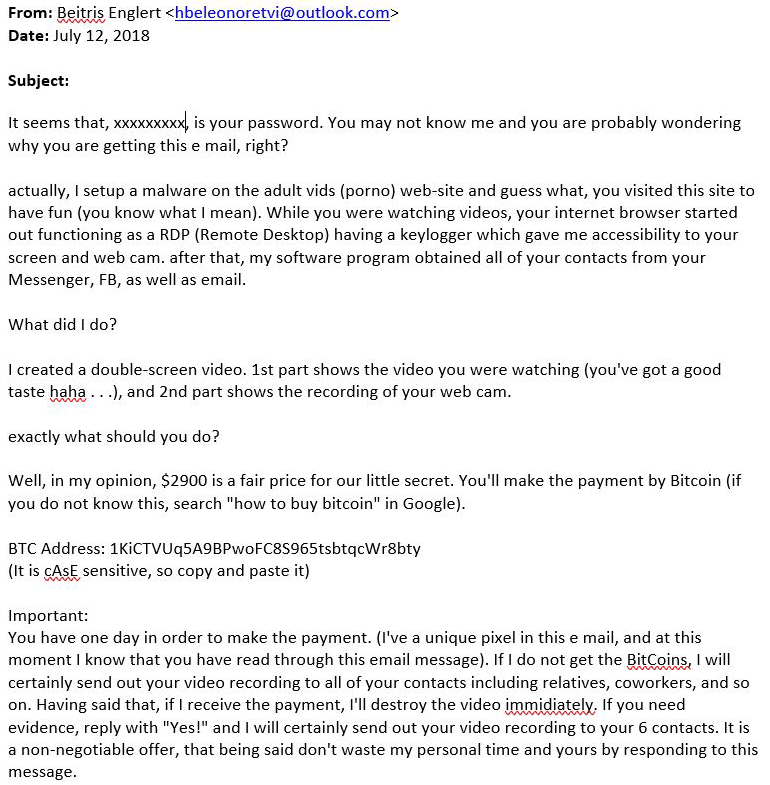 Specimen of the "I know your password" sextortion emails, as documented in the original guide