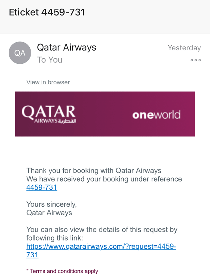 Specimen of the Qatar Airways fake booking confirmation, as documented in the original guide