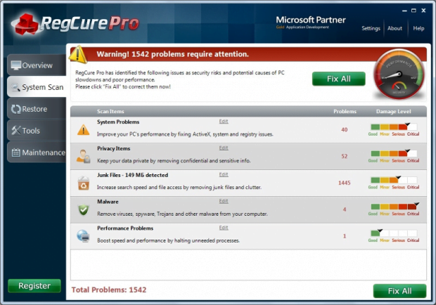 RegCure Pro main GUI (click on the right-hand arrow to see other screenshots) RegCure Pro GUI