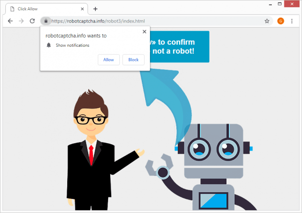 Robot Captcha virus causes browser redirects to robotcaptcha.info site hosting rogue permission request popups Robot Captcha virus causes browser redirects to robotcaptcha.info site hosting rogue permission request popups