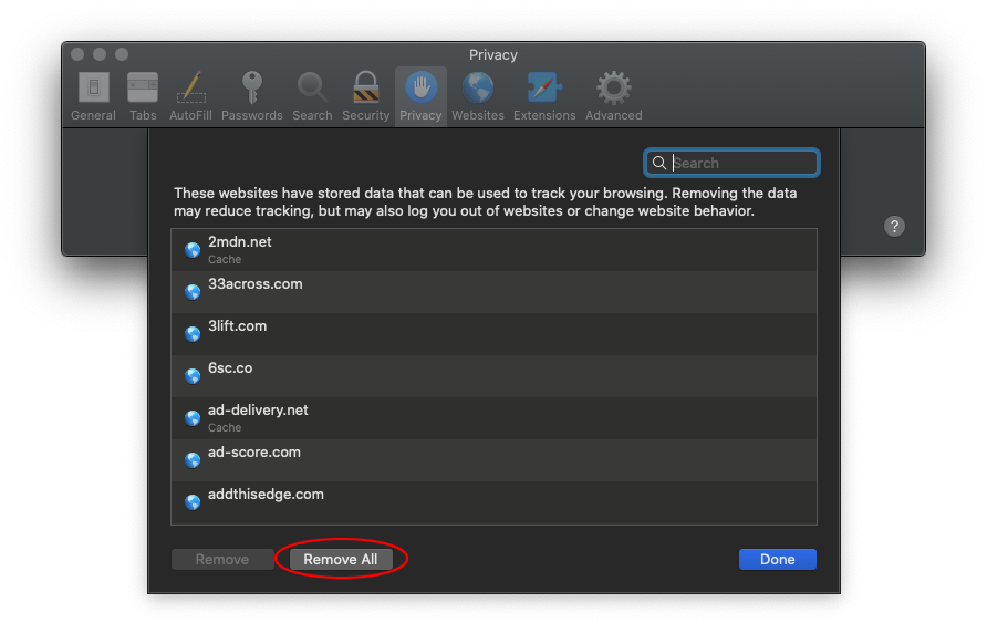 Remove all website data on Safari