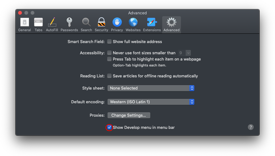 Show Develop menu in Safari