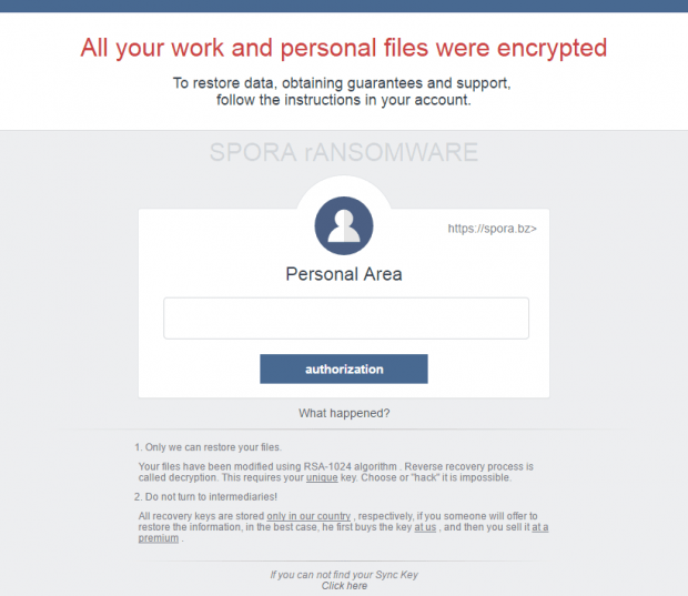 Spora ransomware leaves an HTML ransom note that’s also a login page to the decryption service Spora ransomware leaves an HTML ransom note that’s also a login page to the decryption service