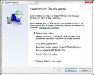 System Restore screen System Restore screen