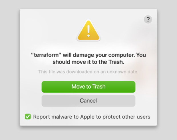 terraform will damage your computer alert on Mac
