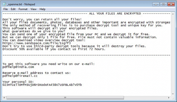 Tfude ransomware provides decryption steps in _openme.txt file Tfude ransomware provides decryption steps in _openme.txt file