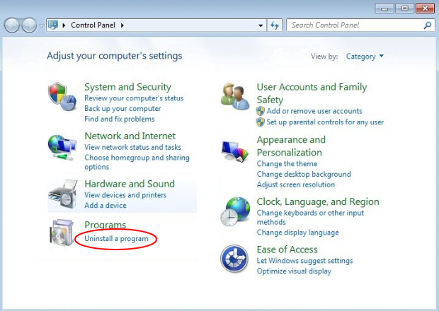 Access Control Panel's program uninstall interface