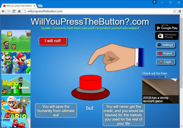 WillYouPressTheButton.com site WillYouPressTheButton.com site
